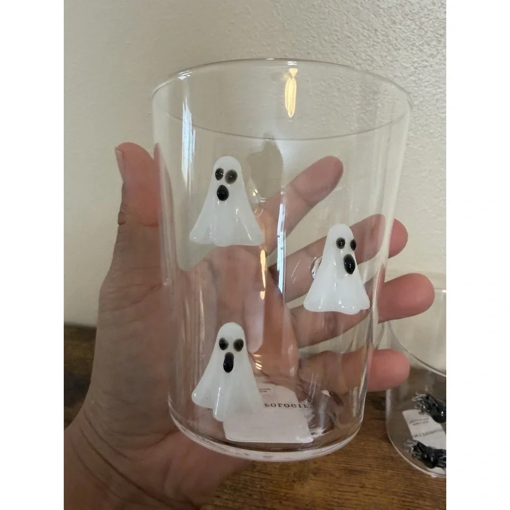 Anthropologie Halloween Icon Juice Glasses Set 4 Ghost Pumpkin Spider Moon